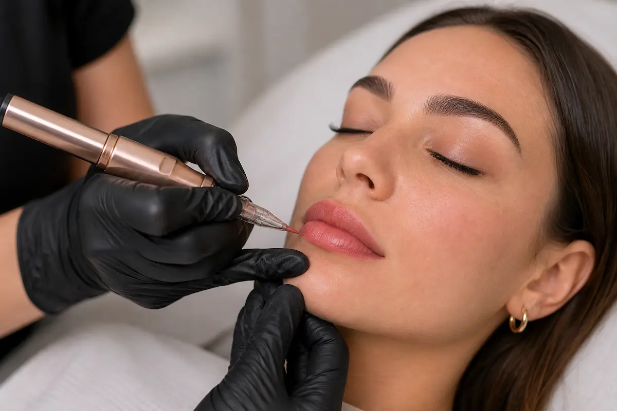 Close-up of lip blush treatment being performed to enhance natural lips